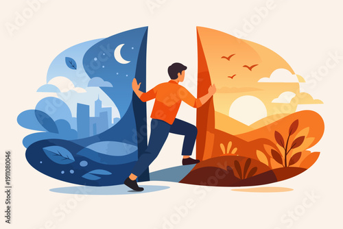 Person opening a door from night to day, finding new opportunities and a better future