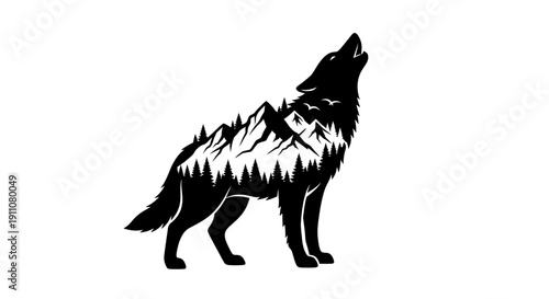 A majestic wolf silhouette howling with mountains in its fur standing on a white background in a simple illustration style from a side viewpoint