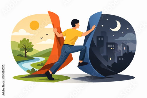 Person transitioning from nature day scene to urban night landscape duality