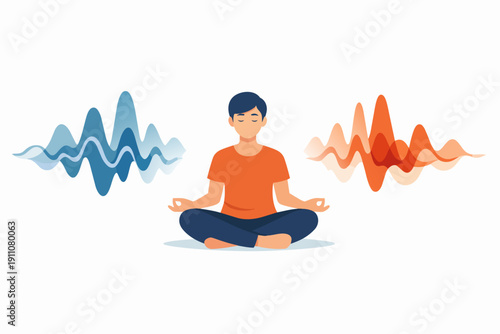 Person meditating, visualizing sound waves for stress relief and mental well-being