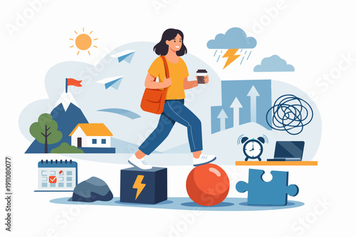 Woman navigating challenges, balancing work and personal life goals, finding success