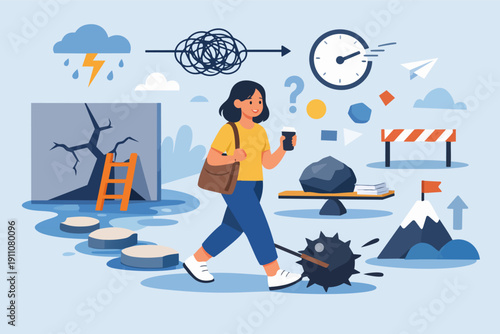 Woman overcoming life challenges and obstacles on path to success and career goals