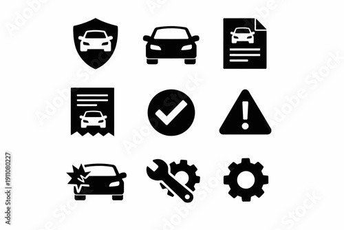 Black and white car icon set featuring vehicle, insurance, maintenance, and repair symbols