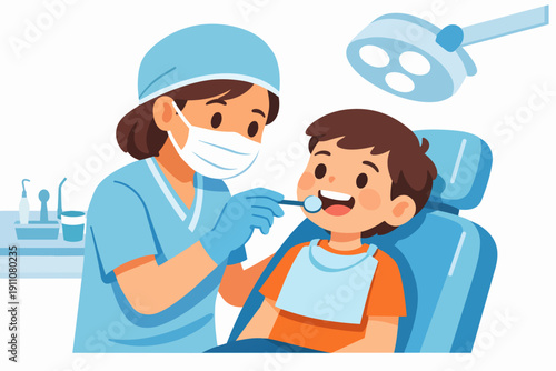 Pediatric dentist checking teeth of happy child patient in dental chair for oral hygiene