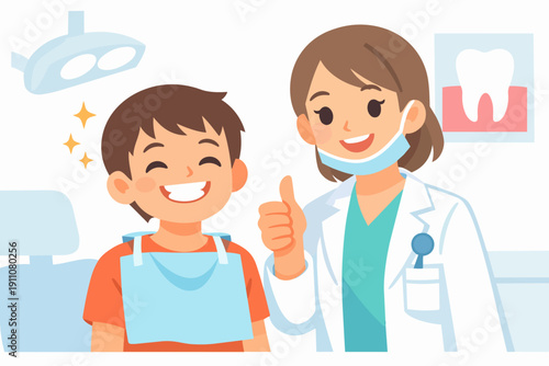 Boy showing healthy smile after dental checkup with happy dentist