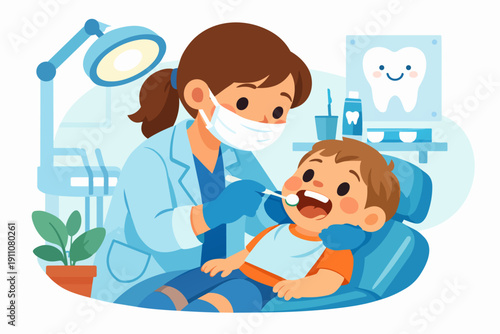 Pediatric dentist checking child's teeth during a happy dental appointment