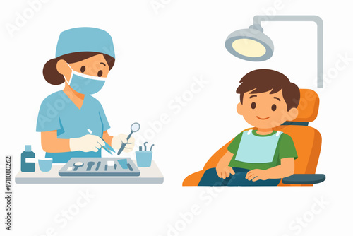 Pediatric dentist preparing dental instruments for an oral health checkup with a happy child