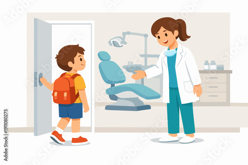 Child visiting dentist for routine checkup, doctor welcoming young patient to clinic