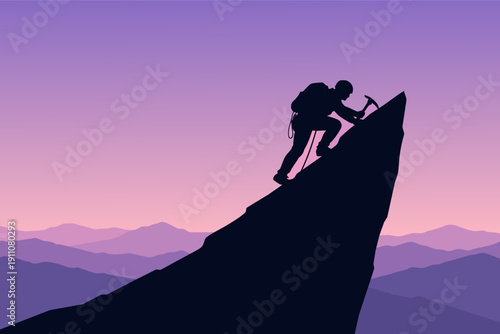 Climber conquering mountain peak at sunset, achieving success and reaching goal