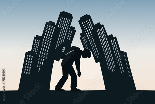 Worker struggling carrying a heavy load of city buildings, financial burden concept