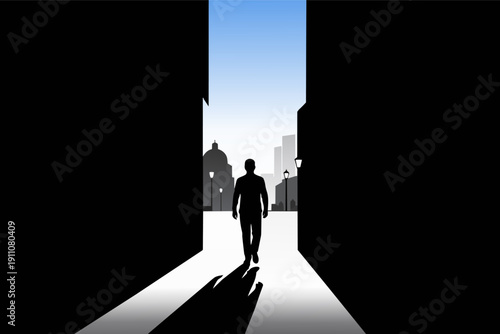 Person walking into city alleyway towards a bright future and new opportunities