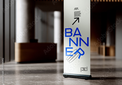 Vertical Roll Up Banner Stand Mockup in Interior Hallway