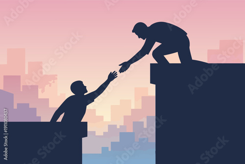 People reaching out for help and assistance over a gap in a city sunset