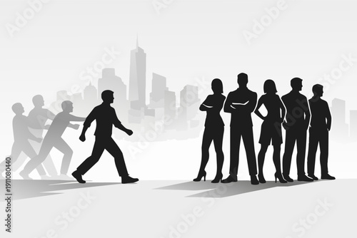 Business leader moving forward leading a corporate team and followers over city background