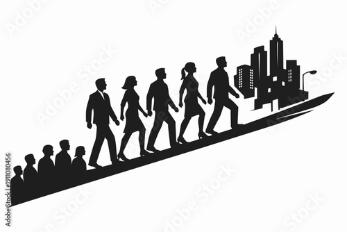 Business people climbing career ladder towards urban cityscape representing growth