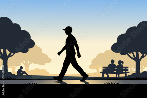 Man walking in park enjoying morning sunrise, healthy lifestyle and daily exercise