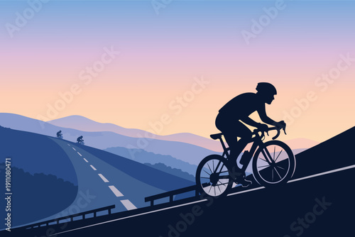 Cyclists riding road bikes uphill on a mountain road during a soft sunrise
