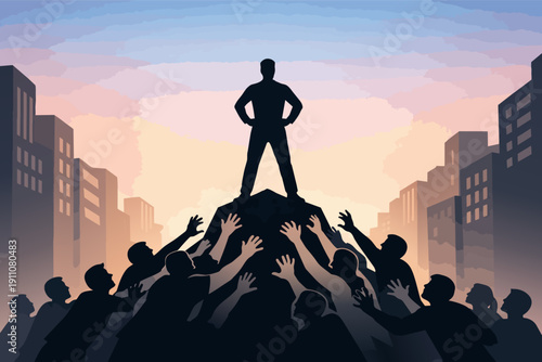 Leader standing on peak, people reaching up, symbolizing ambition, success and power