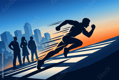 Determined runner sprinting uphill towards success, leaving competitors admiring city skyline