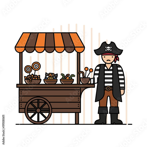 Whimsical Pirate Character Selling Sweet Treats From A Charming Cart