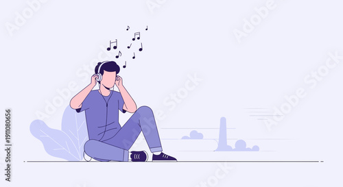 Young Person Enjoying Music With Headphones On Minimalist Illustration