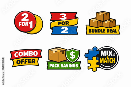 Marketing icons representing bundle deals, combo offers, and pack savings promotions
