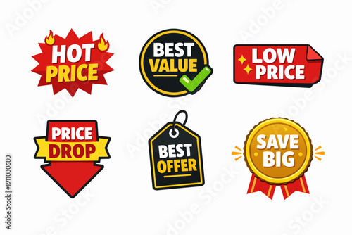 Offering promotion badges and price tags for retail shopping discounts and best offers