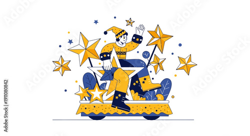 Whimsical Star Character Riding a Festive Float Celebration