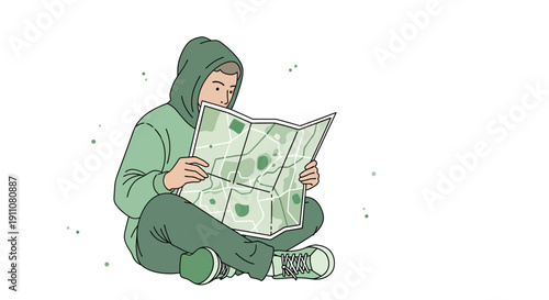 Young Person Sitting And Studying A City Map In A Hoodie And Casual Clothes