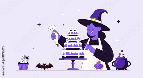 Whimsical Witch Decorates Spooky Halloween Layer Cake
