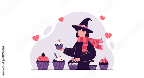 Whimsical Witch Enjoys Delicious Cupcakes Amidst Floating Hearts