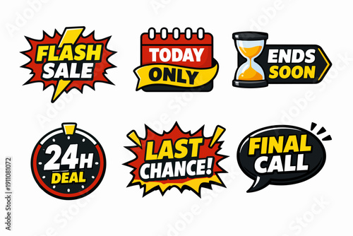 Marketing urgency labels presenting flash sale, today only, 24h deal, last chance, final call