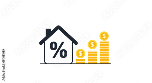 A simple house icon featuring a percentage symbol is positioned beside rising stacks of gold coins.