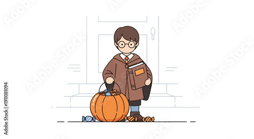 Young Sorcerer With Trick Or Treat Candy Basket And Book