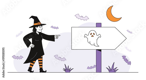 Whimsical Witch Points To Spooky Ghost Sign Surrounded By Bats