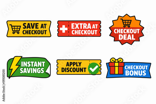 Checkout shopping deals and savings labels set for online promotions