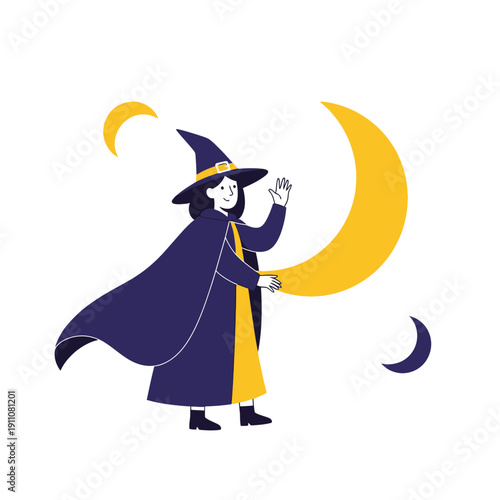 Whimsical Witch Waving Hello Beneath a Crescent Moon Sky
