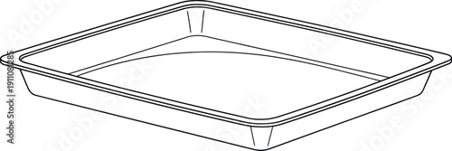 Simple black and white line art illustration of a commercial food service hotel steam table pan viewed from an elevated angle isolated on white background.