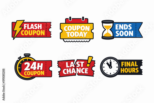 Marketing badges advertising flash sales, limited time offers, and last chance discounts