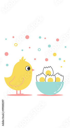 Whimsical Yellow Chick Curious About Bowl Of Eggs Minimalist Easter Greeting