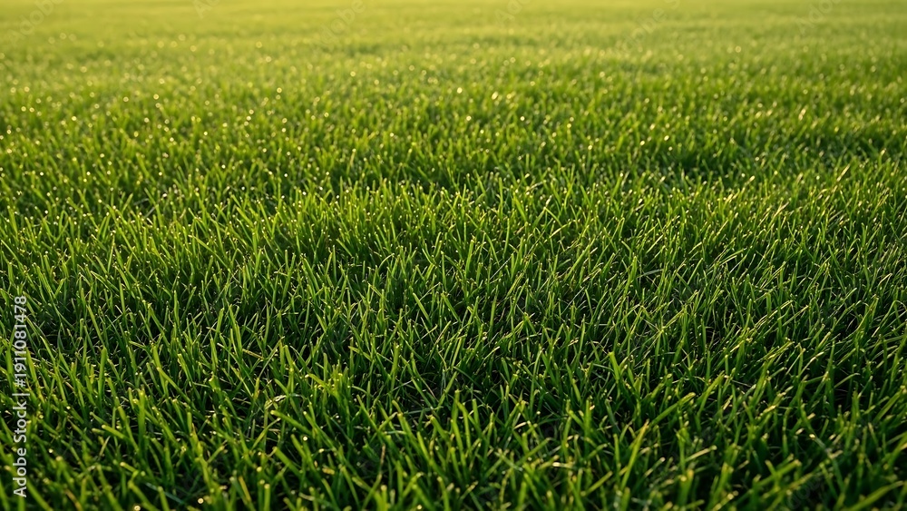 Fototapeta premium Lush Green Grass Field Illuminated by Golden Hour Sunlight