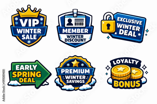Winter sale and loyalty program badges with member, vip, premium deals