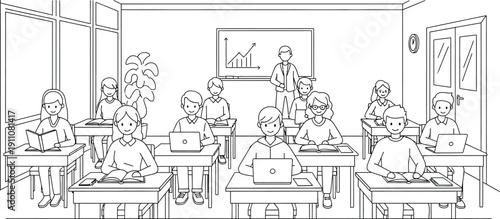 Diverse group of smiling students attentively participating in a classroom lesson with a teacher standing near a whiteboard displaying a growth chart illustration