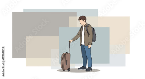 Young Traveler Standing With Suitcase And Backpack Ready For Adventure