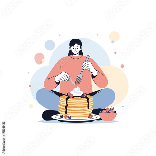Woman Enjoying Pancakes: Delightful Breakfast Illustration With Berries And Cream Minimalist Style