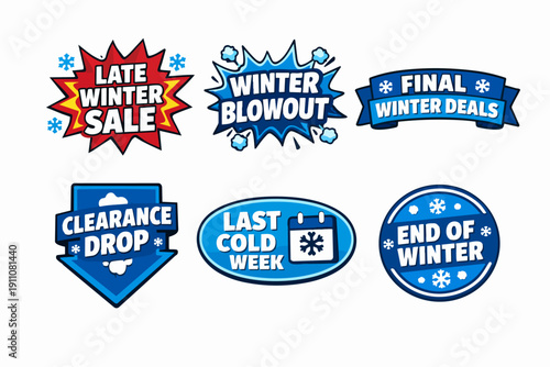 Winter sale and clearance tags collection with seasonal discount offers and snowflake symbols