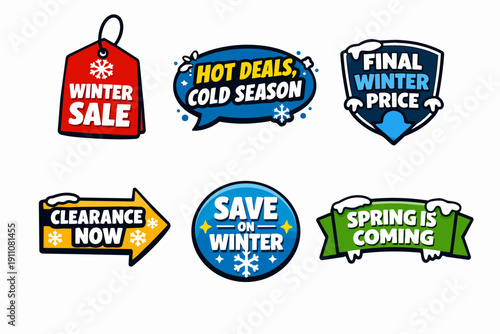 Winter sale and clearance labels offering seasonal discounts and promotional deals