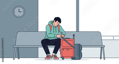 Young Traveler Waiting Patiently For Departure With Luggage In Station