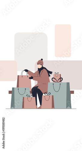 Woman Enjoying Winter Shopping Spree With Many Bags And Presents