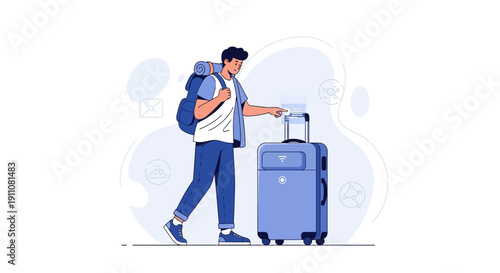 Young Traveler With Backpack And Smart Luggage Preparing For Journey